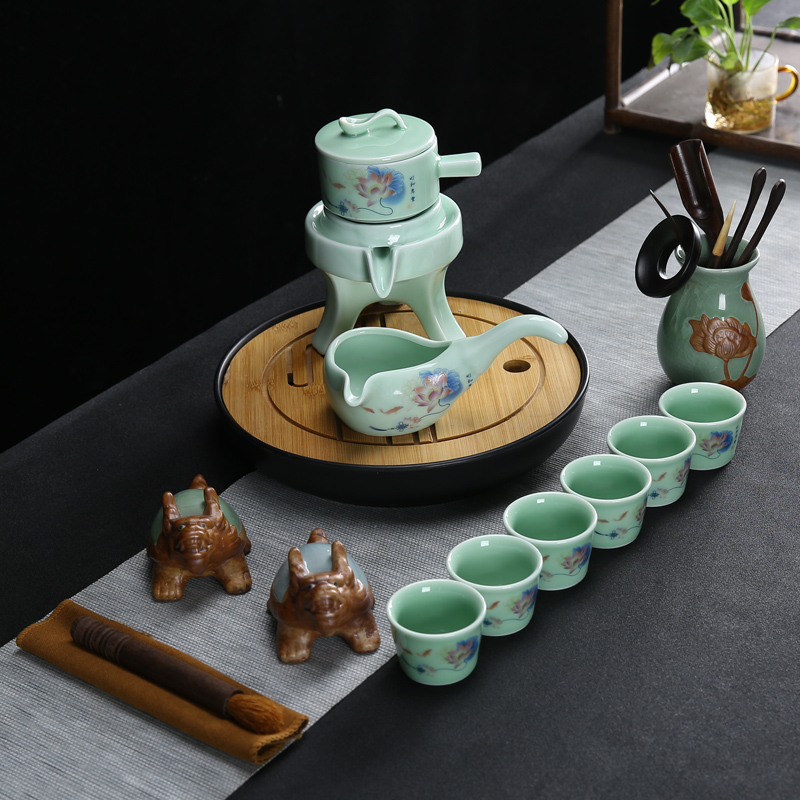 Stone ground tea set suits for domestic kunfu tea creative ceramic purple sand cup teapot and half automatic lazy people make tea