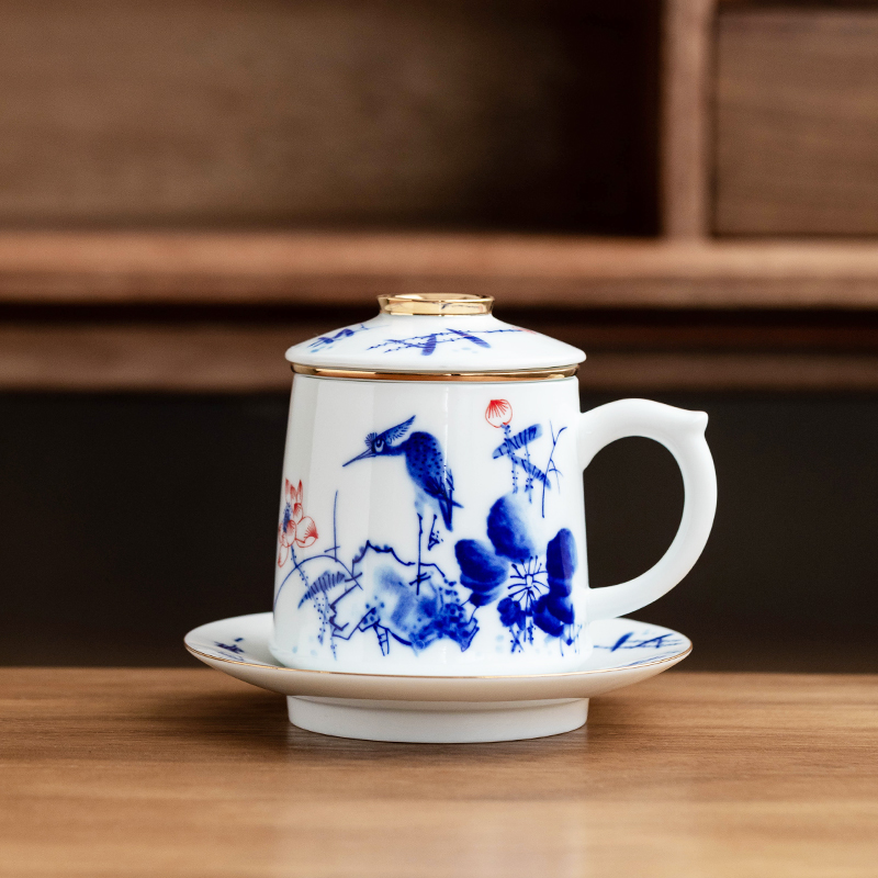 Jingdezhen hand - made ceramic cups with cover filtration separation tea tea office man high - grade with handles