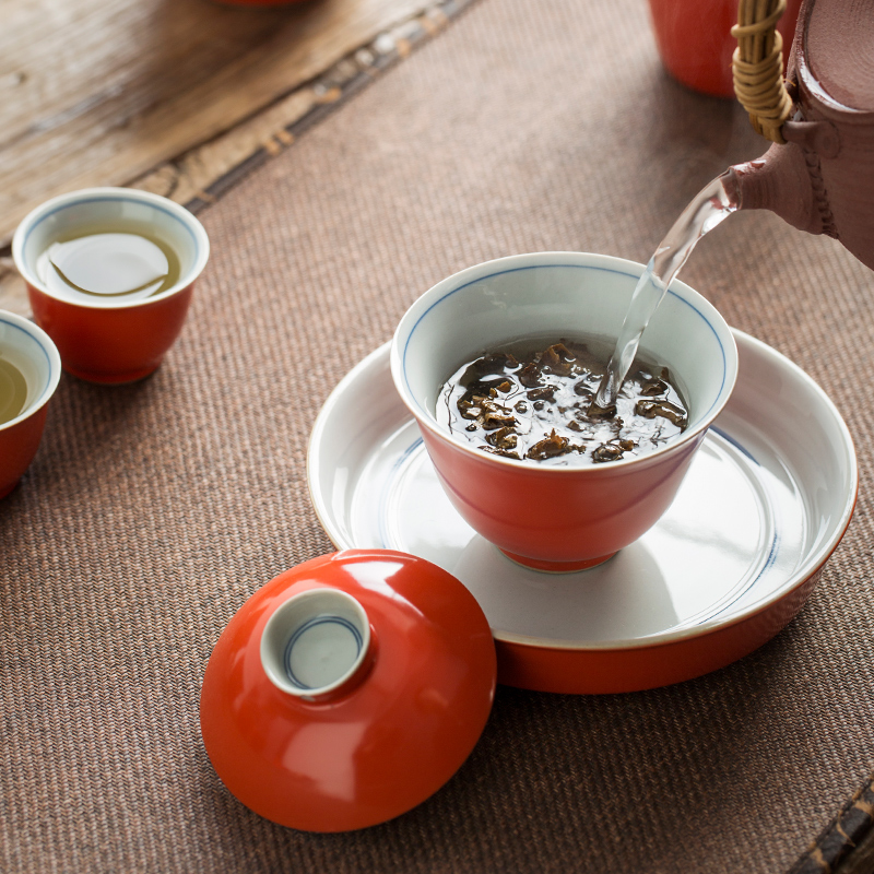 Jingdezhen ruby red coral red retro manually tureen to use large single tea sets tea ceramic cups