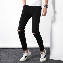 Jeans mens trend brand summer thin knee one-word hole nine-point slim Korean version of the trend black scraped small feet