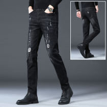 Hong Kong Autumn Tide brand jeans mens black hole pants trend Wild Mens high-end casual stretch trousers