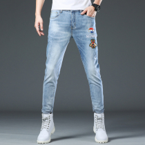 Hong Kong nine-point jeans mens summer thin light blue embroidered Tide brand Joker slim feet mens 9-point pants