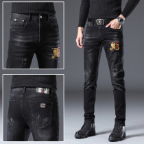 Hong Kong Spring and Autumn New Embroidered Jeans Mens Tide Brand Black Casual Stretch Slim Pants Autumn Long Pants