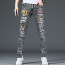 Hong Kong high-end gray jeans men embroidered hole personality Tide brand Joker pants spring and summer slim foot pants