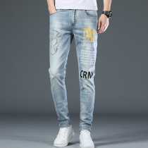Hong Kong printed jeans mens summer thin Tide brand Joker hot diamond mens pants slim stretch light blue leggings