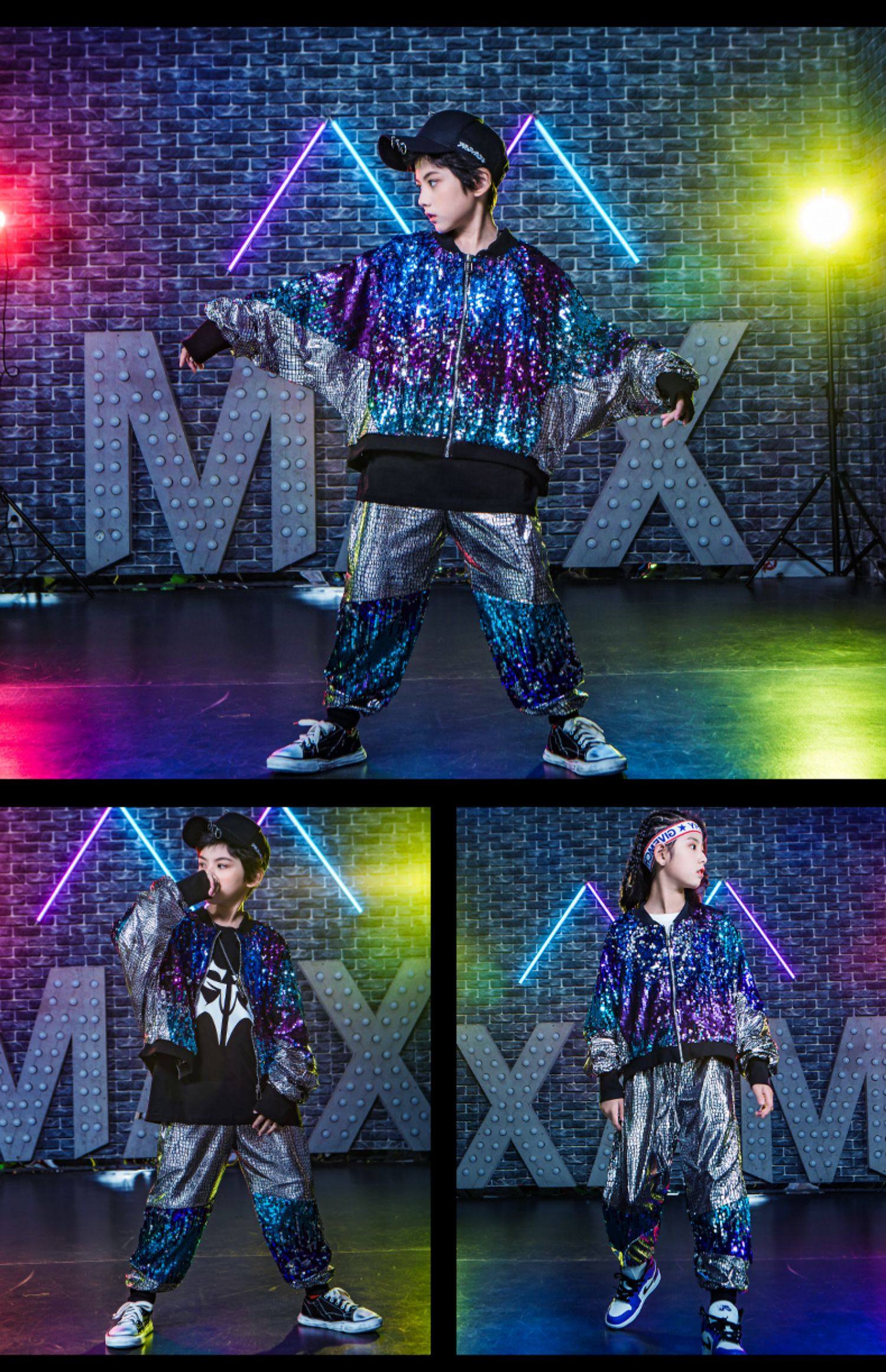 男童爵士舞街舞演出服男孩亮片表演服说唱弹吉他架子鼓手服装成人