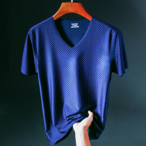 Ice silk short-sleeved T-shirt mens V-neck round neck thin non-scarlet half-sleeve slim quick-drying grid sweatshirt tide tide