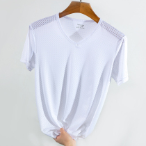 Ice silk short sleeve T-shirt mens V-neck round neck thin slim stretch stretch breathable mesh youth half sleeve shirt trend summer