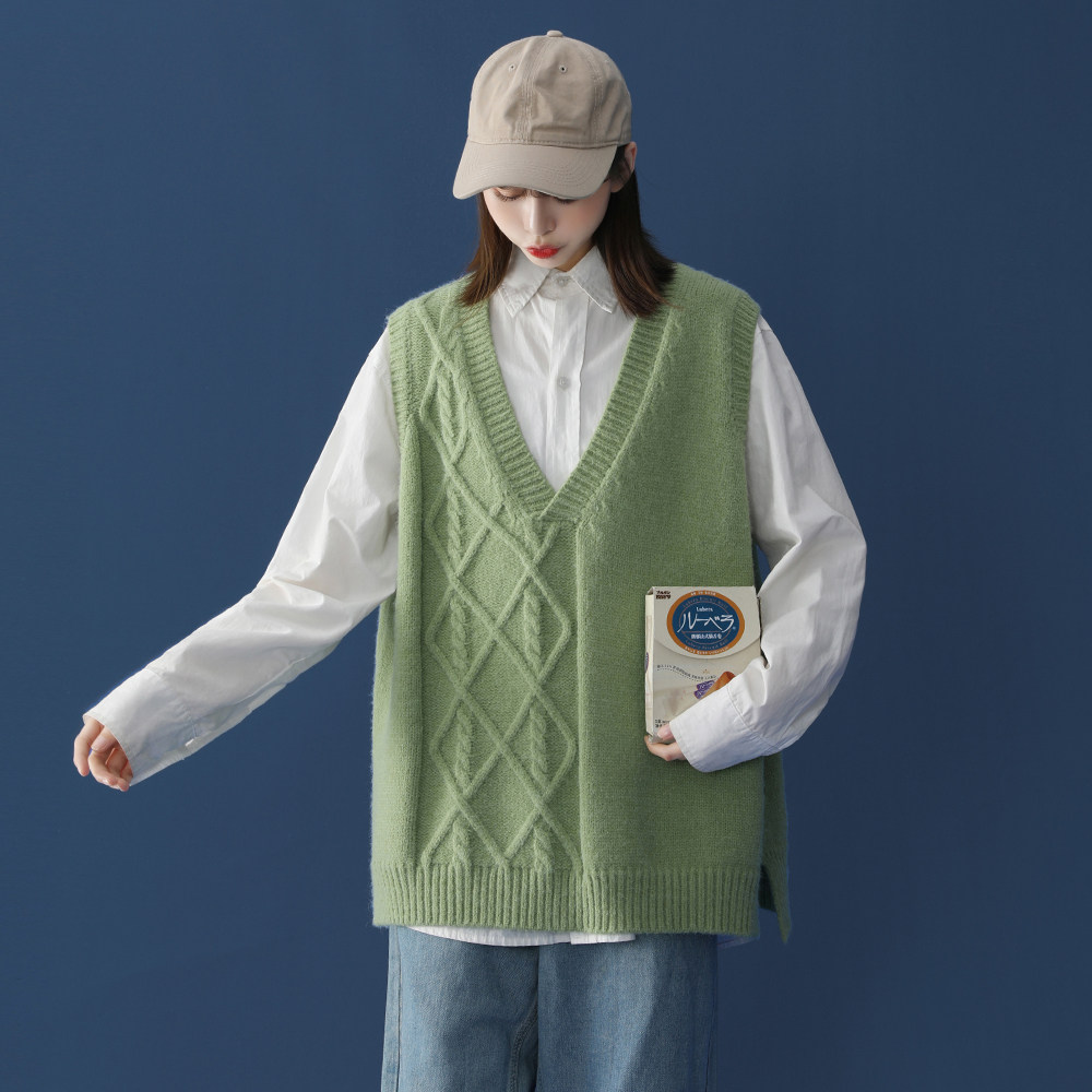 中性风 秋冬新款宽松纯色v领毛衣背心情侣开叉马甲 2221-p45