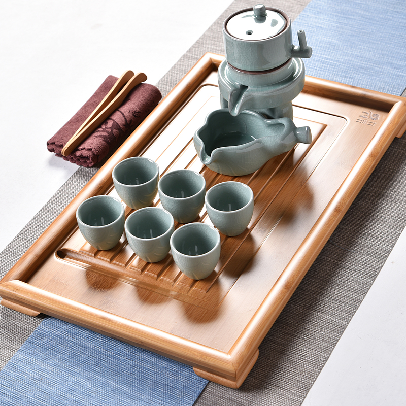 Hui shi household flat bamboo tea tray of a complete set of creative semi - automatic fortunes elder brother up with celadon kung fu tea set