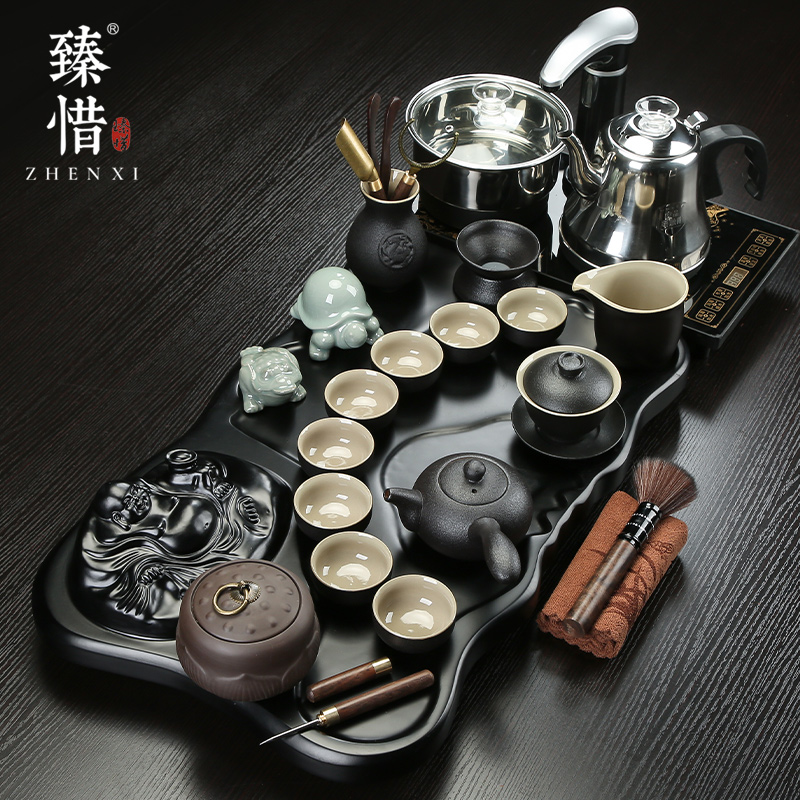 Become precious little violet arenaceous kung fu tea set suit household contracted ceramic cups magnetic electric furnace tea tea solid wood tea tray