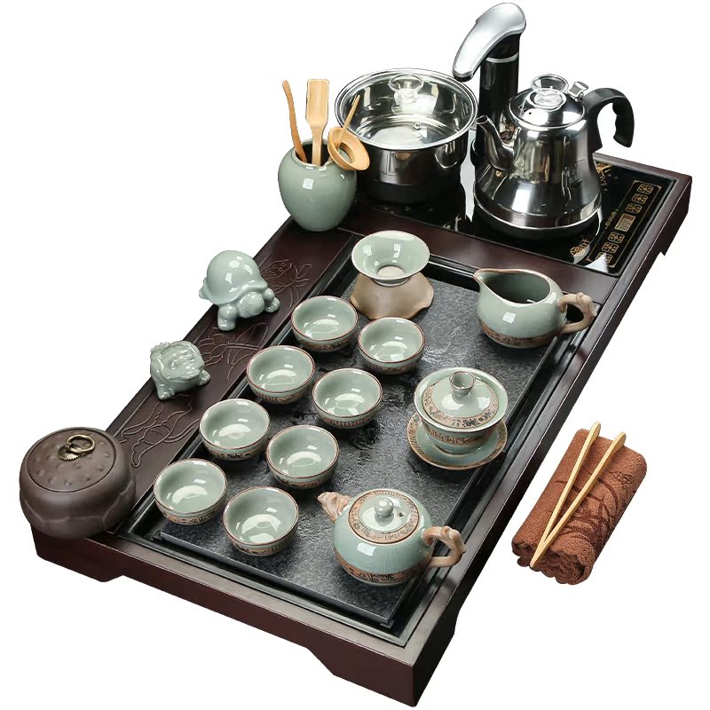 Become precious little violet arenaceous kung fu tea set suit household contracted ceramic tea cup pot of electric magnetic furnace solid wood tea tray