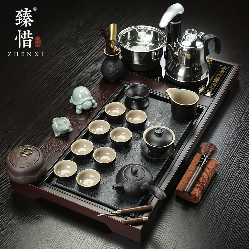 Become precious little violet arenaceous kung fu tea set suit household contracted ceramic tea cup pot of electric magnetic furnace solid wood tea tray