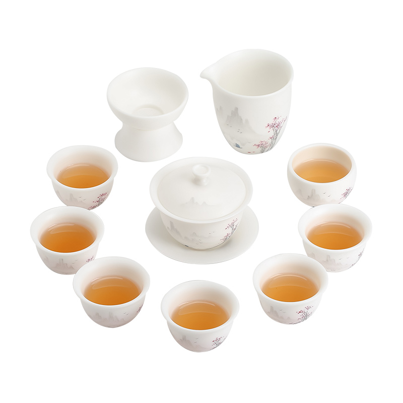 Become precious little hand - made with water up to the mountain jade suet white porcelain high - end kung fu tea set home three tureen gift box