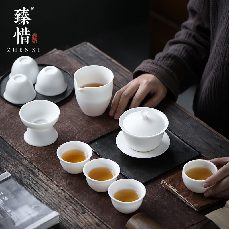 Become precious little listening suet jade white porcelain dehua high - end kung fu tea set home only three tureen gift gift box