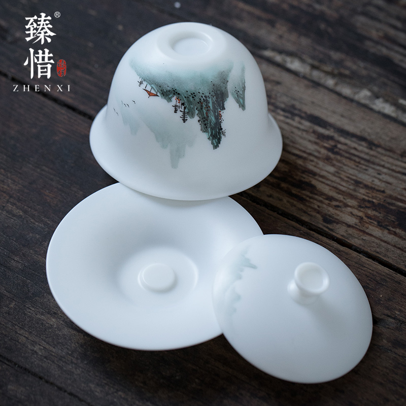 "Precious little hand - made aoyama, abbreviation suet jade white porcelain three tureen high - end kung fu tea cup bowl is home