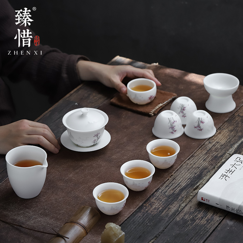Become precious little hand - made with water up to the mountain jade suet white porcelain high - end kung fu tea set home three tureen gift box