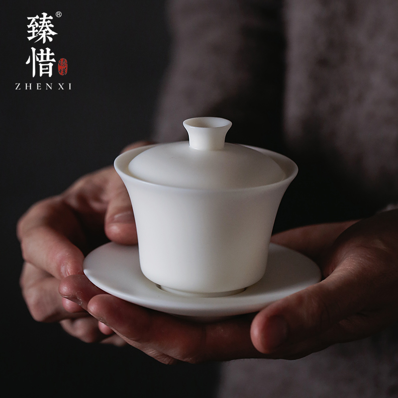 By understanding the modern quality dehua suet jade white porcelain only three set of tureen kung fu tea set tea gifts