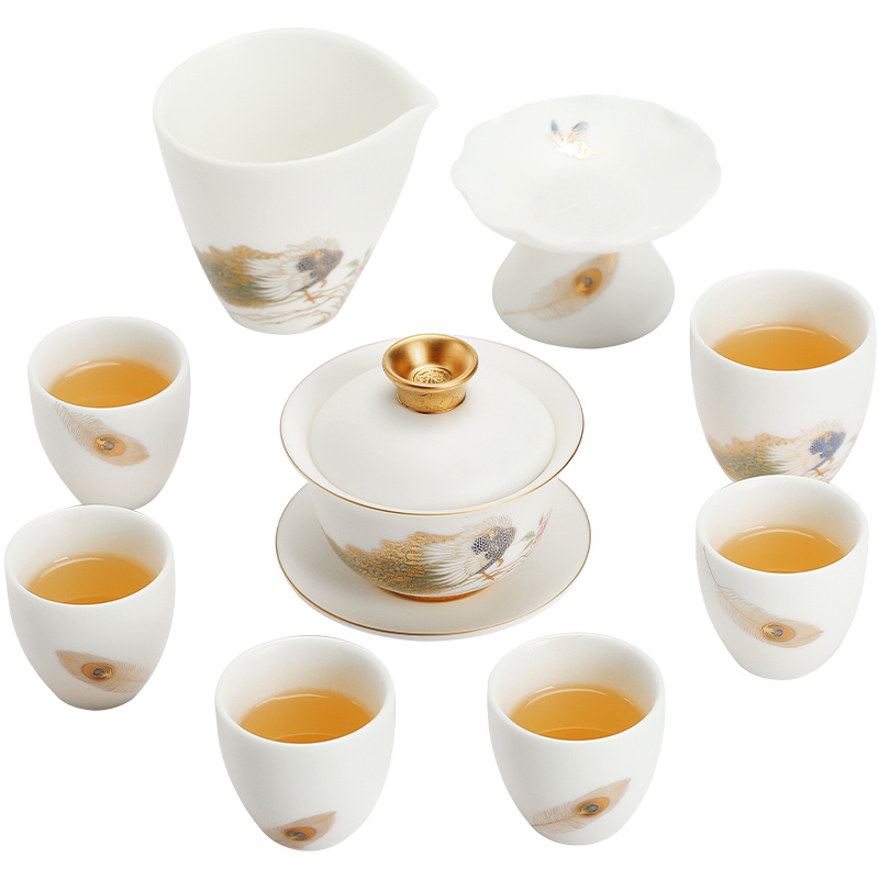 Become precious little wealth changchun suet jade white porcelain high - end kung fu tea set suit household dehua tureen gift products