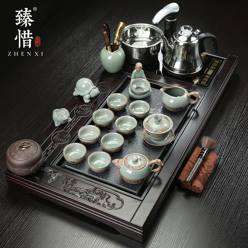 Become precious little violet arenaceous kung fu tea set suit household contracted ceramic cups magnetic electric furnace tea tea solid wood tea tray