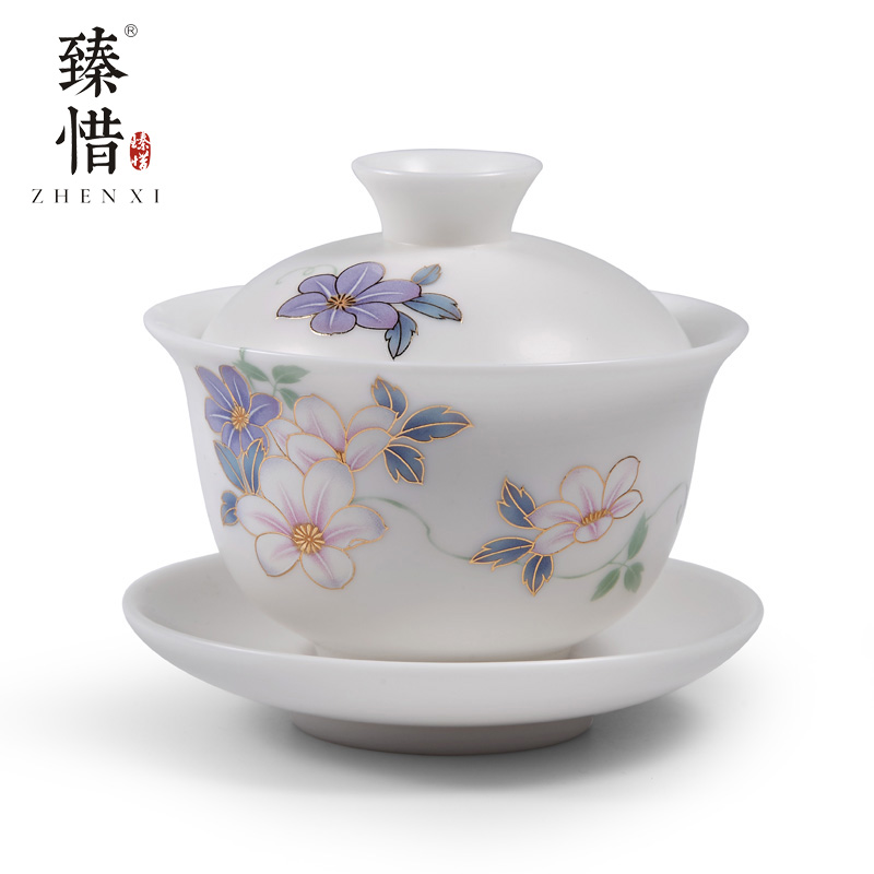 Become precious little Chinese essence burn hand - made tureen kung fu tea set three only pure manual tureen ceramic white jade porcelain cups
