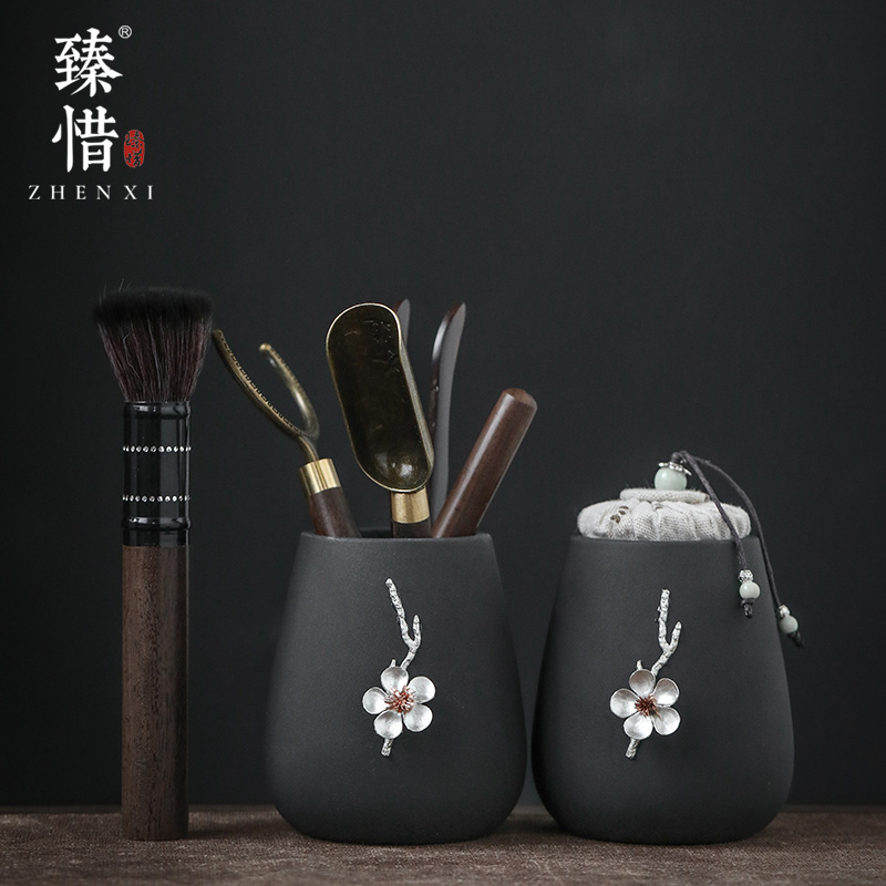 Become precious little black pottery tea six gentleman 's suit household ebony wood tea knife furnishing articles kung fu tea set spare parts