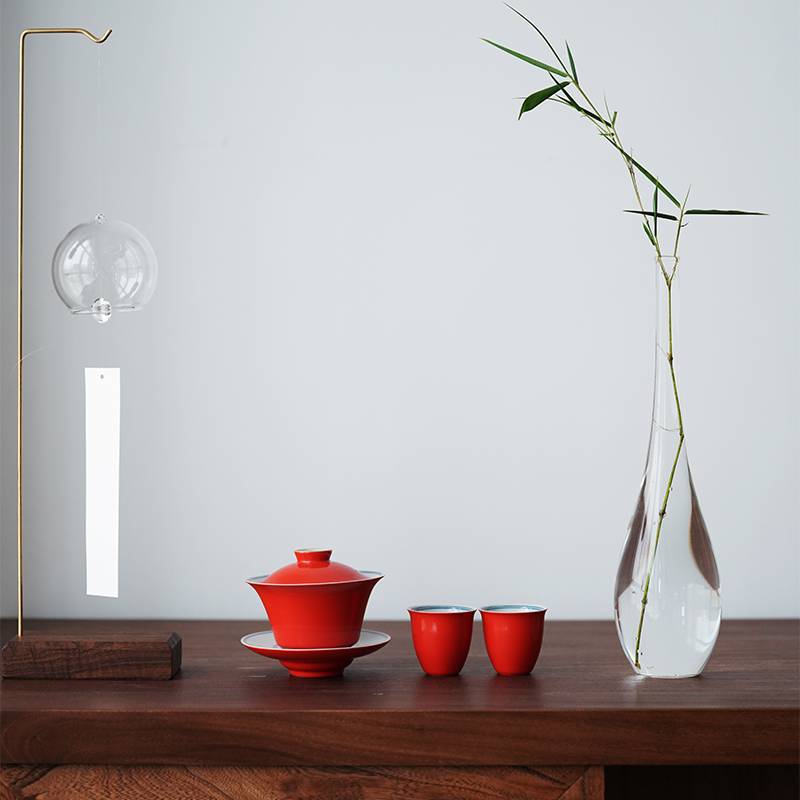 Jingdezhen coral red pure manual three tureen tea bowl with single GaiWanCha kunfu tea ceramic cups