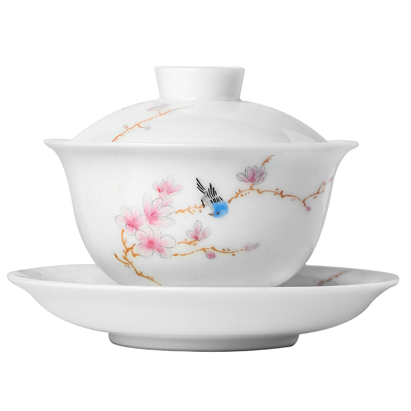 Jingdezhen hand - made three tureen teacup only protect hot large kung fu bowl is pure manual yulan flower, white porcelain tea set