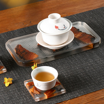 Tea ceremony tea set tray Japanese hand-made resin solid wood pot tray rectangular pot pad household tea set dry bubble table