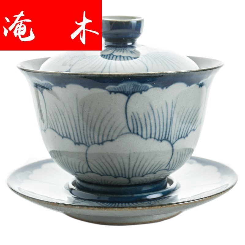 Submerged wood antique blue - and - white hand - made peony Chinese style restoring ancient ways tureen ceramic tea set three cups to tureen tea bowls