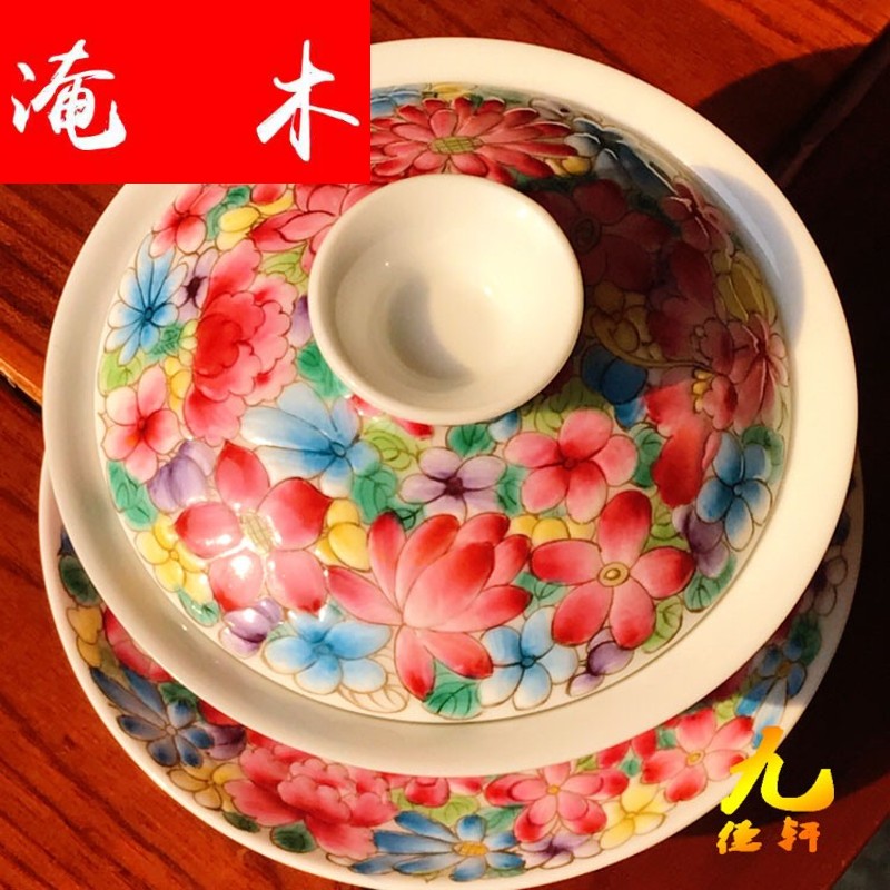 Submerged wood jingdezhen pure manual tire seiko hand - made colored enamel flower tea tureen enamel kung fu tea set three