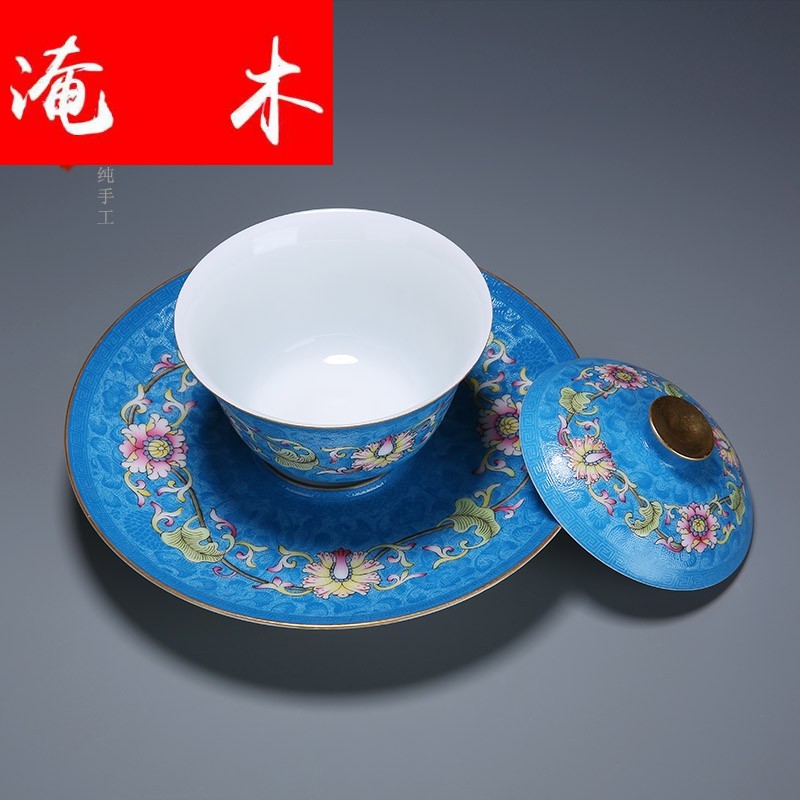 Submerged wood jingdezhen manual pick flowers pastel bound branch flowers tureen hand - made kung fu tea set three porcelain bowl