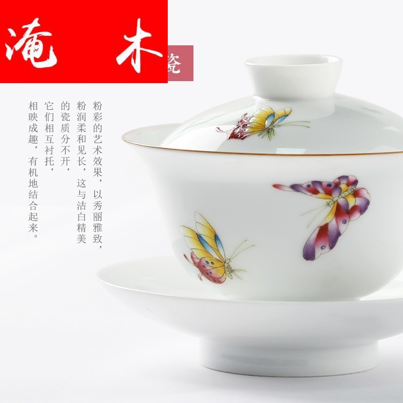 Flooded jingdezhen wood hand - made pastel pure manual tureen tea cups white porcelain tea set to use thin body three bowls