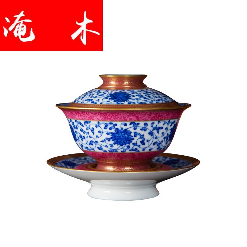 Submerged wood jingdezhen blue and white gold Chinese heavy industry pure hand - made tea set point work pick flowers tureen