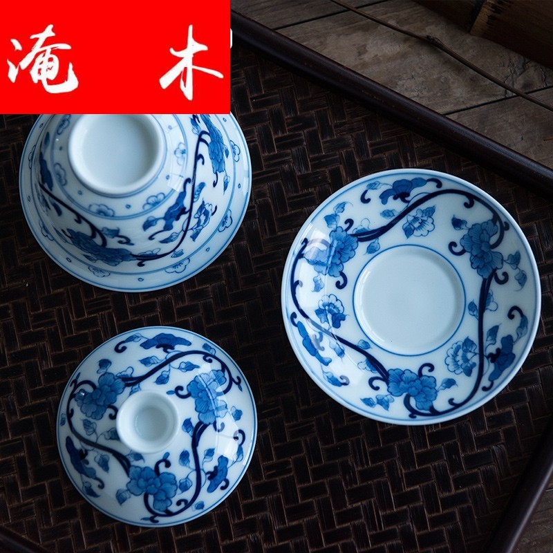 Flooded wooden blue and white hibiscus three double circle just tureen tea bowl of pure manual hand - made jingdezhen ceramic kung fu tea set