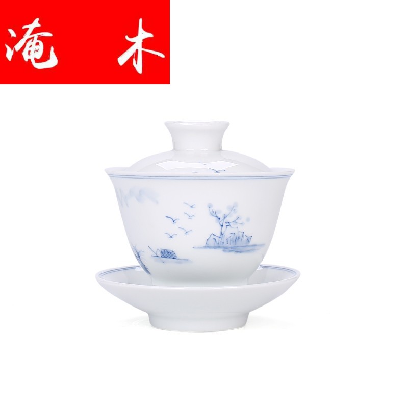 Submerged wood hand - made tureen ceramic only three bowl of white porcelain kung fu tea set under the glaze color landscape make tea tureen tea