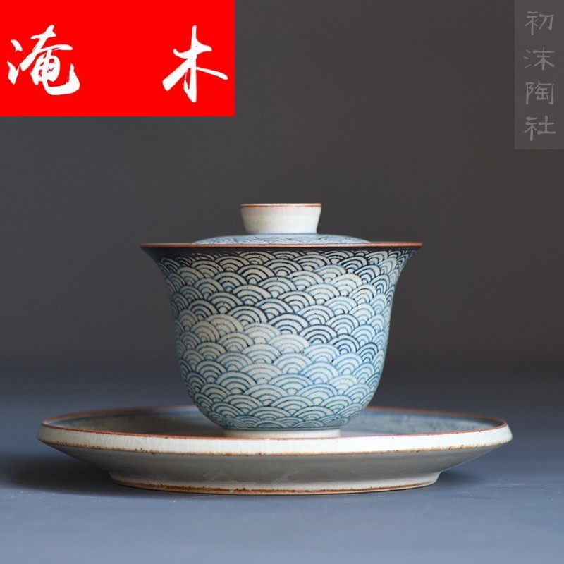 Submerged wood pure manual only three tureen on blue and white thick ceramic glaze tureen xiangyun pot of kung fu tea cups