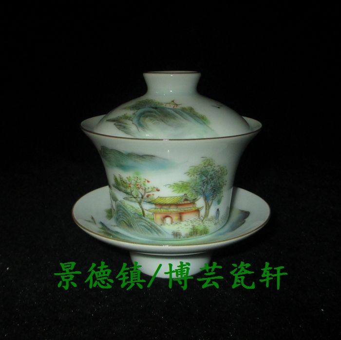 Submerged wood jingdezhen porcelain factory goods cultural revolution shadow blue glaze enamel hand - made scenery tureen tea cups