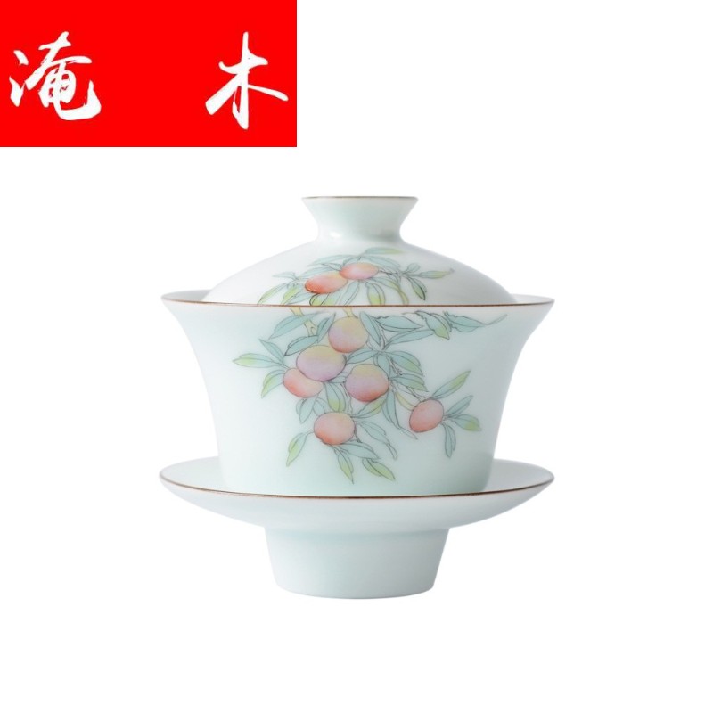 Flooded peach wood issue a moment of jingdezhen hand - made three cup water chestnut tureen shadow celadon tea cup hot enamel