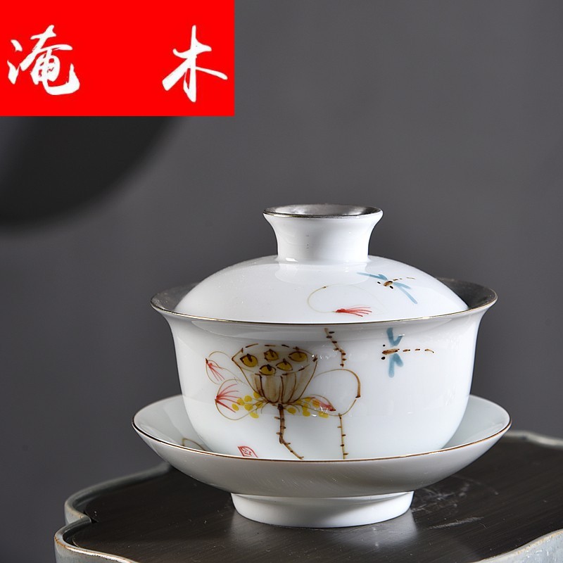 Flooded wooden household hand - made porcelain jingdezhen ceramics tureen checking sterling silver kungfu tasted silver gilding GaiWanCha only three
