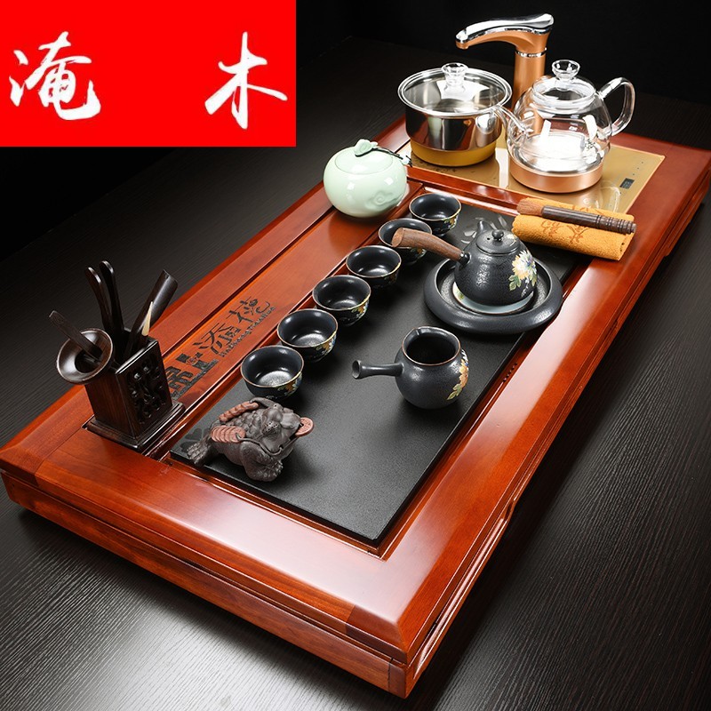 Submerged wood four unity of electric heating furnace of a complete set of automatic hua limu tea tray household kung fu tea sets ceramic tea set