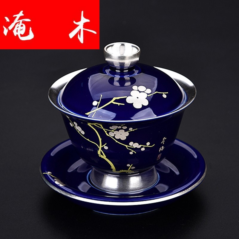 Flooded jingdezhen wood household tureen ji LAN silver ceramic glaze coppering. As kung fu tea cups three of the bowl silver tureen