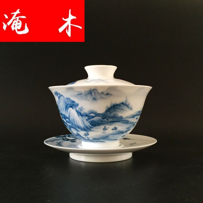 Submerged wood pure manual tureen jingdezhen blue and white porcelain painting landscape kung fu tea tea bowl three water chestnut tureen