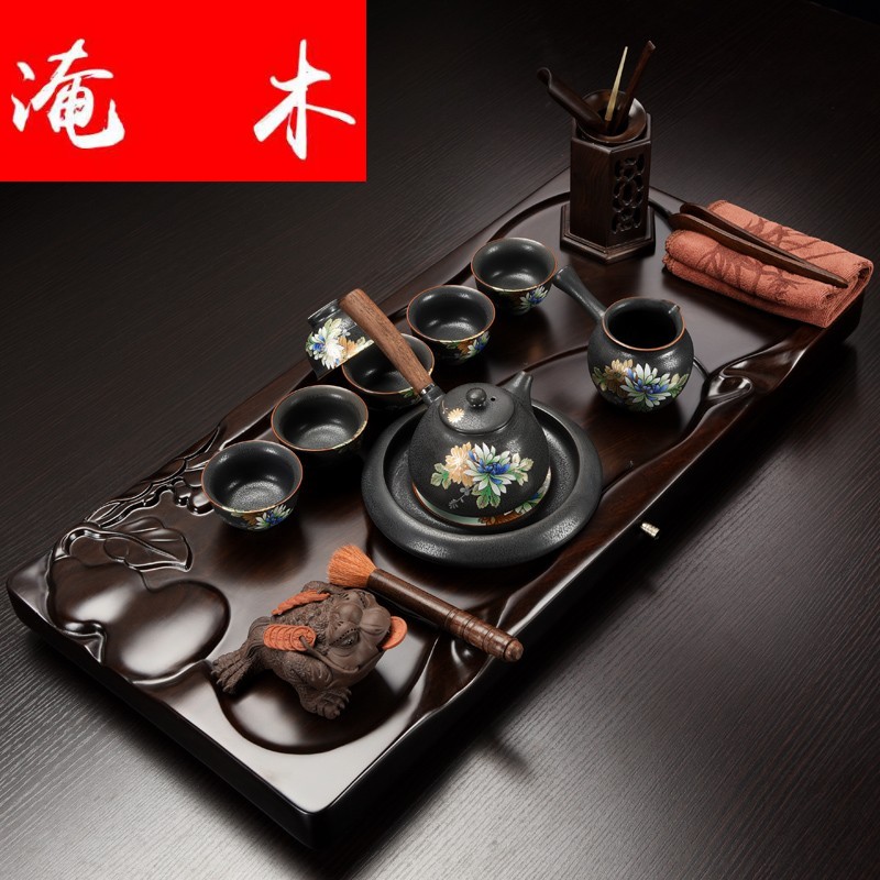 Submerged solid wood tea table of a complete set of household contracted ebony wood tea tray was contracted kung fu tea kettle ceramic tea set