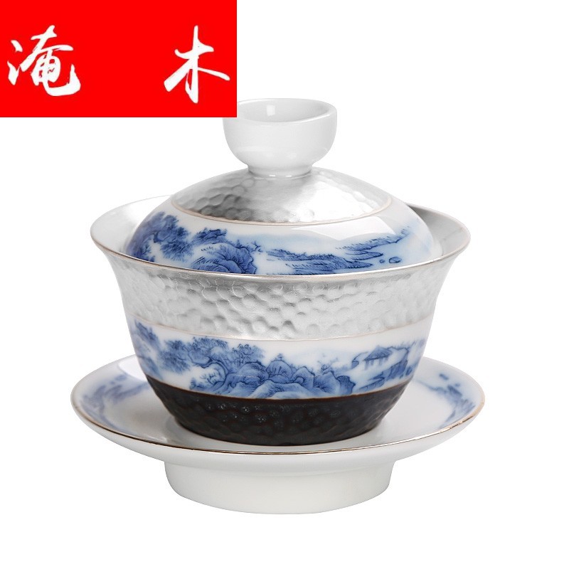 Submerged wood hand - made tureen tea cups, only three cups Chinese worship of blue and white porcelain bowl tea tasted silver gilding three cups