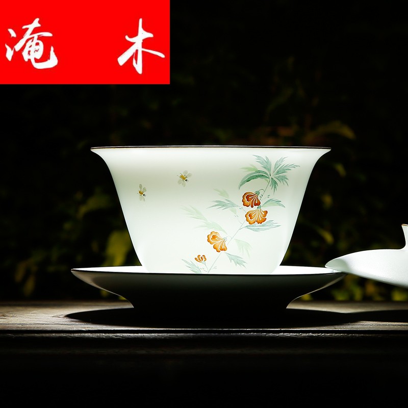 Flooded wooden ancient imperial tea cups tureen jingdezhen ceramic tea bowl hand - made pastel celadon matte enrolled white three bowls