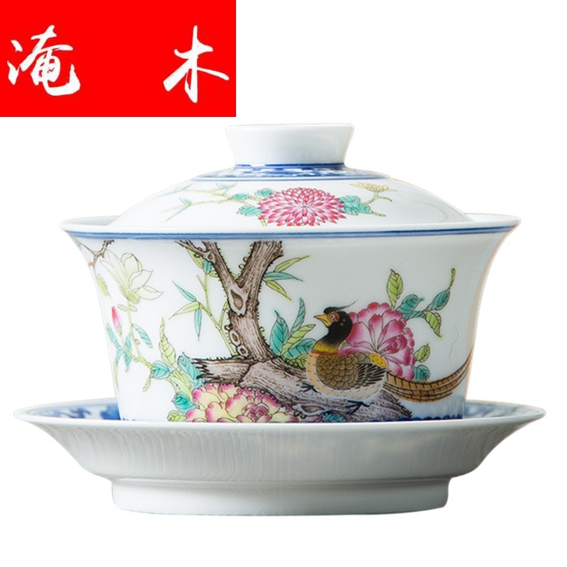 Submerged wood jingdezhen high hand - made powder enamel only three bowl of tureen household kung fu tea set ceramic tea bowl can be