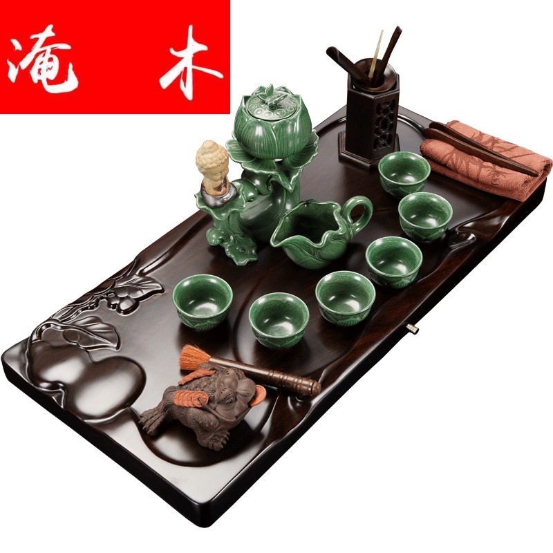 Submerged solid wood tea table of a complete set of household contracted ebony wood tea tray was contracted kung fu tea kettle ceramic tea set