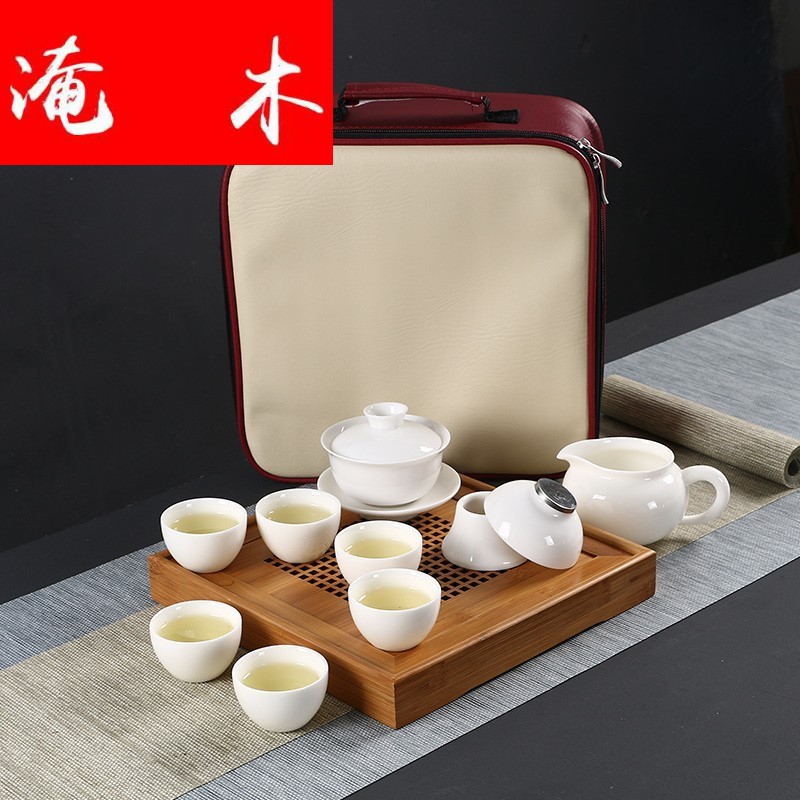 Flooded wooden Japanese dehua white porcelain tureen travel kung fu tea set 6 cups contracted high white porcelain teacup portable