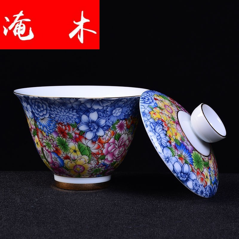 Submerged wood only three tureen cup bowl large tea colored enamel flower is white porcelain ceramic household kung fu tea bowl